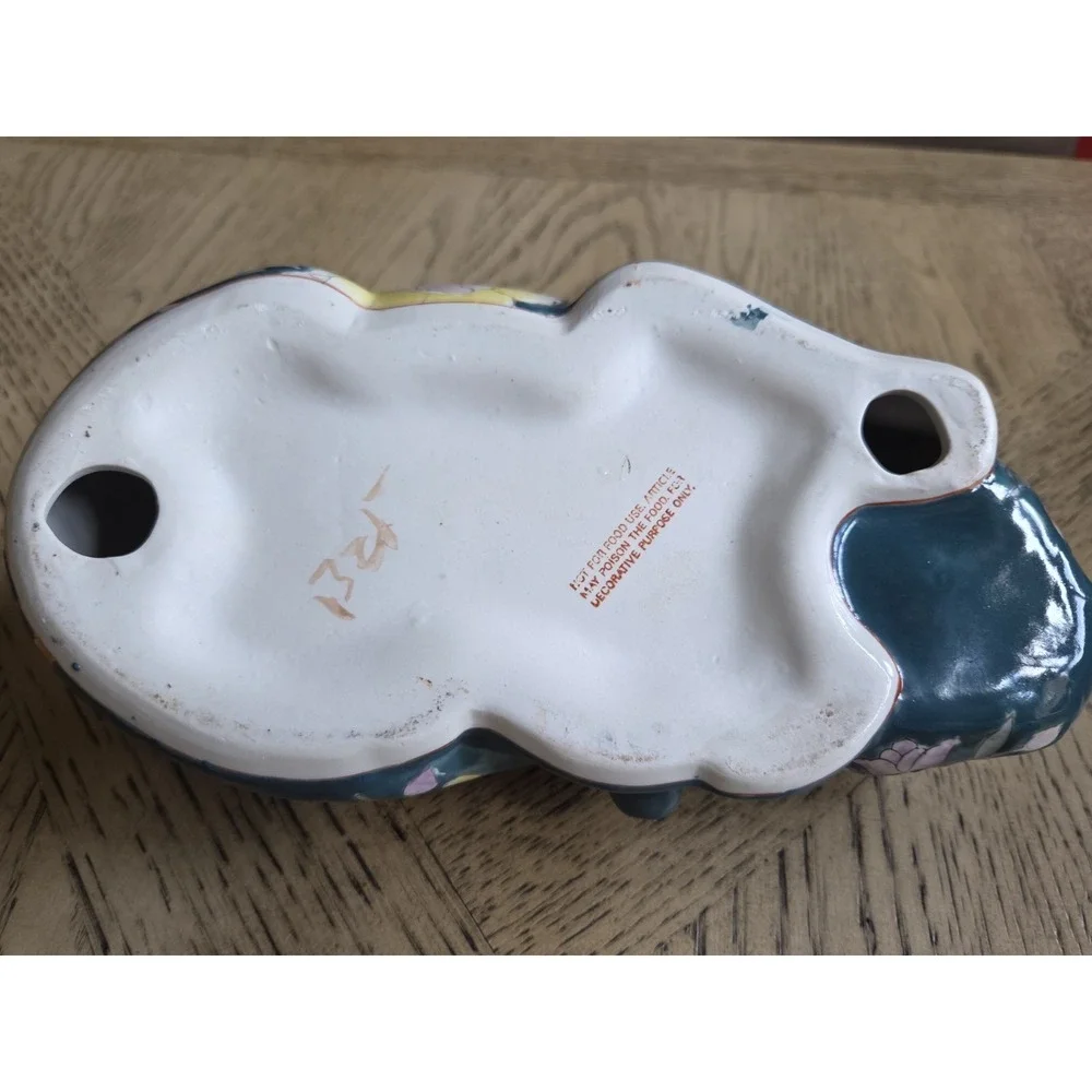 Vintage Hand painted Chinoiserie ceramic sleeping cat figurine with floral motif